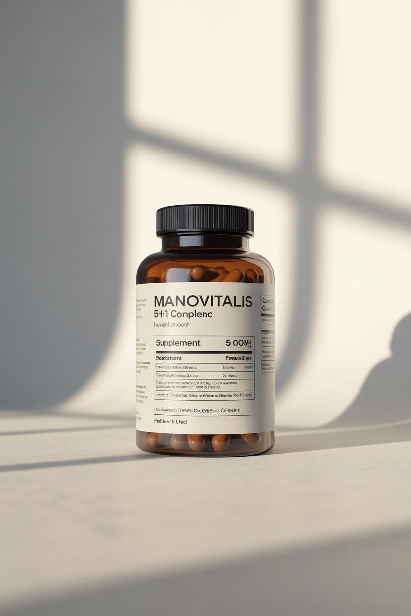 Manovitalis 5-in-1 complex supplement bottle with capsules